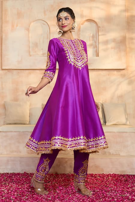 Shop_Preeti S Kapoor X AZA_Purple Denim, Viscose, Silk Embroidery, Gota Patti Floral Yoke Anarkali Set 