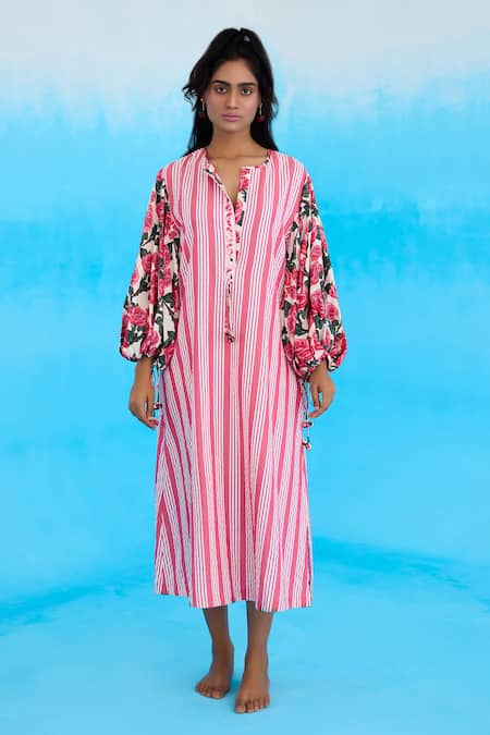 Nikasha A-line Rose Print Striped Dress 