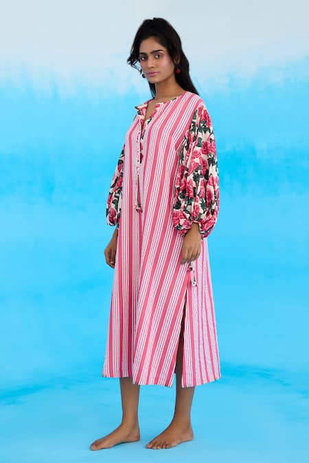 Shop Nikasha Pink Cotton Split V-neck A-line Rose Print Striped Dress at Aza Fashions Shop_Nikasha_Pink Cotton Split V-neck A-line Rose Print Striped Dress _at_Aza_Fashions