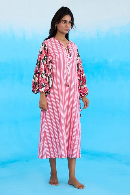 Nikasha Pink Cotton Split V-neck A-line Rose Print Striped Dress Online at Aza Fashions Nikasha_Pink Cotton Split V-neck A-line Rose Print Striped Dress _Online_at_Aza_Fashions