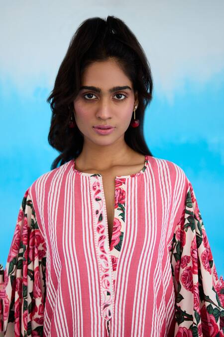 Buy Nikasha Pink Cotton Split V-neck A-line Rose Print Striped Dress Online at Aza Fashions Buy_Nikasha_Pink Cotton Split V-neck A-line Rose Print Striped Dress _Online_at_Aza_Fashions