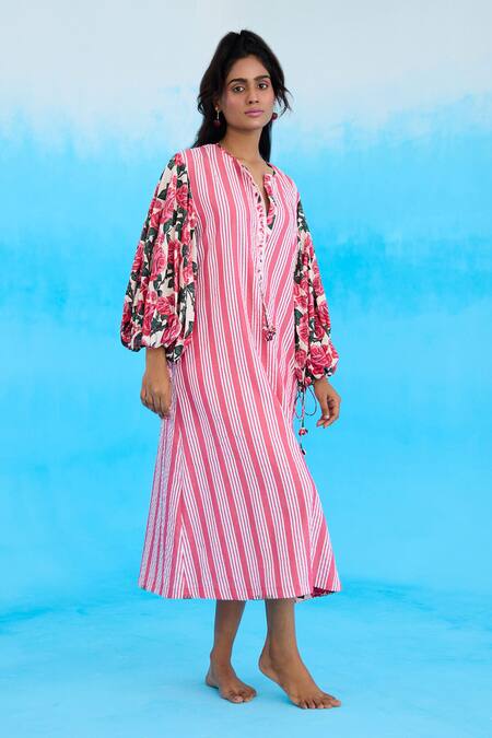 Nikasha Pink Cotton Split V-neck A-line Rose Print Striped Dress at Aza Fashions Nikasha_Pink Cotton Split V-neck A-line Rose Print Striped Dress _at_Aza_Fashions