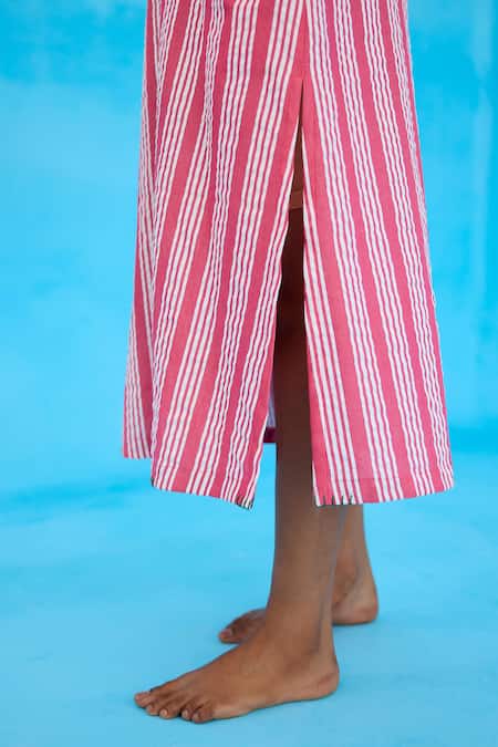 Buy Nikasha Pink Cotton Split V-neck A-line Rose Print Striped Dress Buy_Nikasha_Pink Cotton Split V-neck A-line Rose Print Striped Dress