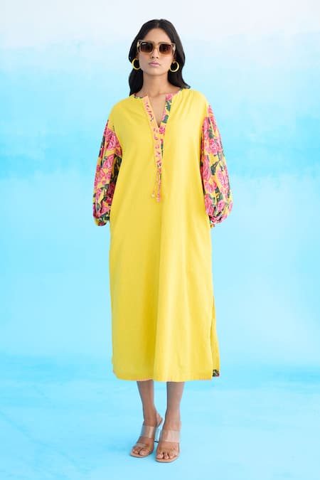Nikasha Yellow 100% Cotton Printed Rose Notched A-line Sleeve Dress