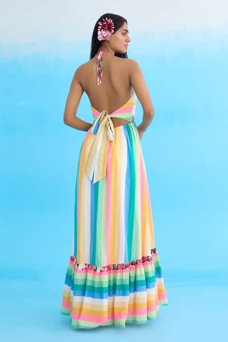 Shop Nikasha Multi Color Cotton Beads, Sequins Halter Neck Rainbow Striped Maxi Dress at Aza Fashions Shop_Nikasha_Multi Color Cotton Beads, Sequins Halter Neck Rainbow Striped Maxi Dress _at_Aza_Fashions
