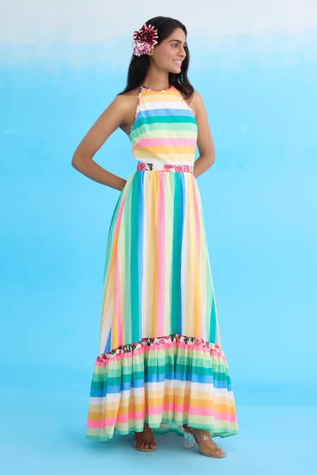 Nikasha Multi Color Cotton Beads, Sequins Halter Neck Rainbow Striped Maxi Dress Online at Aza Fashions Nikasha_Multi Color Cotton Beads, Sequins Halter Neck Rainbow Striped Maxi Dress _Online_at_Aza_Fashions