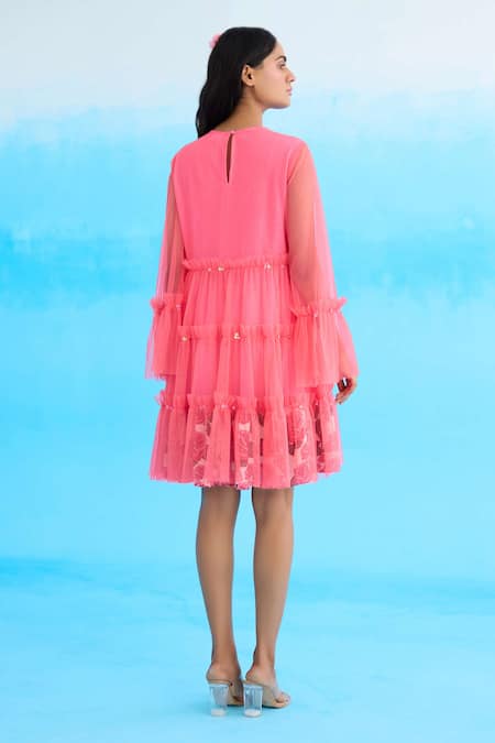 Shop Nikasha Pink Cotton, Net Sequins Round Neck Rose Print Mini Layered Dress at Aza Fashions Shop_Nikasha_Pink Cotton, Net Sequins Round Neck Rose Print Mini Layered Dress _at_Aza_Fashions