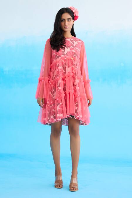 Nikasha Pink Cotton, Net Sequins Round Neck Rose Print Mini Layered Dress Online at Aza Fashions Nikasha_Pink Cotton, Net Sequins Round Neck Rose Print Mini Layered Dress _Online_at_Aza_Fashions