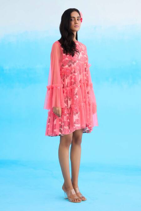 Shop Nikasha Pink Cotton, Net Sequins Round Neck Rose Print Mini Layered Dress Online at Aza Fashions Shop_Nikasha_Pink Cotton, Net Sequins Round Neck Rose Print Mini Layered Dress _Online_at_Aza_Fashions
