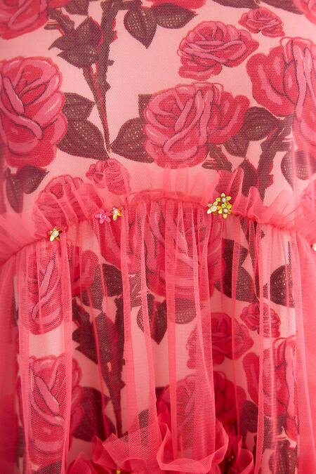 Nikasha Pink Cotton, Net Sequins Round Neck Rose Print Mini Layered Dress at Aza Fashions Nikasha_Pink Cotton, Net Sequins Round Neck Rose Print Mini Layered Dress _at_Aza_Fashions