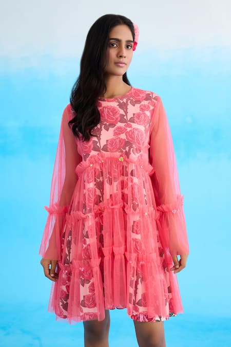Buy Nikasha Pink Cotton, Net Sequins Round Neck Rose Print Mini Layered Dress Buy_Nikasha_Pink Cotton, Net Sequins Round Neck Rose Print Mini Layered Dress