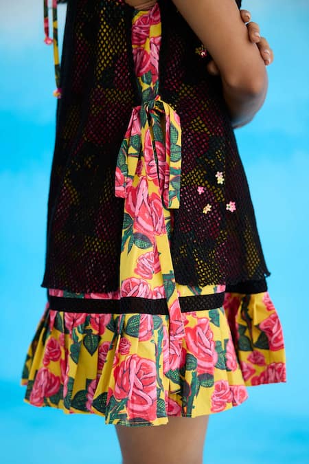 Shop Nikasha Black Cotton, Net Beads, Sequins Round Neck Rose Print Mini Dress at Aza Fashions Shop_Nikasha_Black Cotton, Net Beads, Sequins Round Neck Rose Print Mini Dress _at_Aza_Fashions