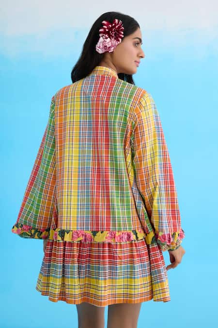 Shop Nikasha Yellow Cotton Embroidery, Sequins Bandeau Neck Checkered Mini Dress With Frill at Aza Fashions Shop_Nikasha_Yellow Cotton Embroidery, Sequins Bandeau Neck Checkered Mini Dress With Frill _at_Aza_Fashions