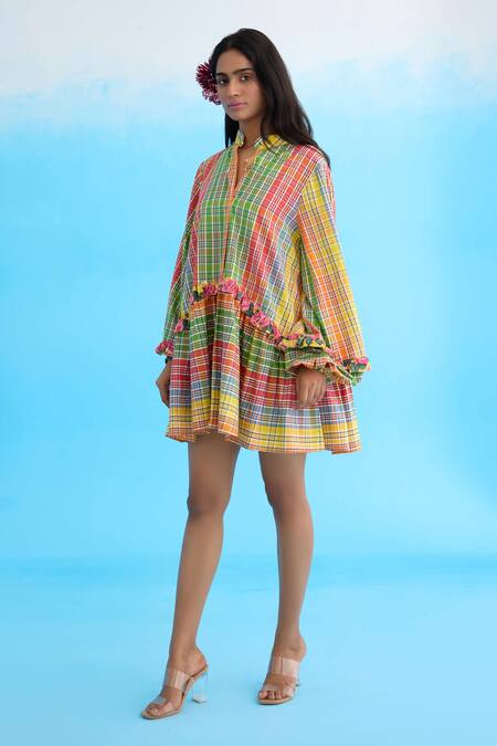 Nikasha Yellow Cotton Embroidery, Sequins Bandeau Neck Checkered Mini Dress With Frill Online at Aza Fashions Nikasha_Yellow Cotton Embroidery, Sequins Bandeau Neck Checkered Mini Dress With Frill _Online_at_Aza_Fashions