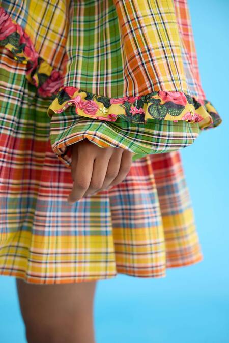 Buy Nikasha Yellow Cotton Embroidery, Sequins Bandeau Neck Checkered Mini Dress With Frill Online at Aza Fashions Buy_Nikasha_Yellow Cotton Embroidery, Sequins Bandeau Neck Checkered Mini Dress With Frill _Online_at_Aza_Fashions