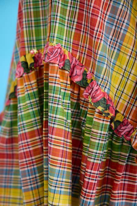 Shop Nikasha Yellow Cotton Embroidery, Sequins Bandeau Neck Checkered Mini Dress With Frill Online at Aza Fashions Shop_Nikasha_Yellow Cotton Embroidery, Sequins Bandeau Neck Checkered Mini Dress With Frill _Online_at_Aza_Fashions