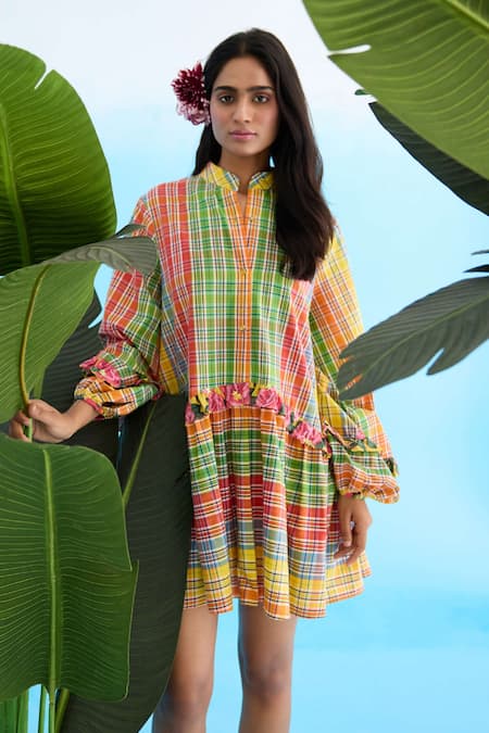 Nikasha Yellow Cotton Embroidery, Sequins Bandeau Neck Checkered Mini Dress With Frill at Aza Fashions Nikasha_Yellow Cotton Embroidery, Sequins Bandeau Neck Checkered Mini Dress With Frill _at_Aza_Fashions