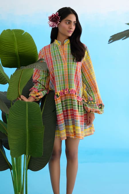 Buy Nikasha Yellow Cotton Embroidery, Sequins Bandeau Neck Checkered Mini Dress With Frill Buy_Nikasha_Yellow Cotton Embroidery, Sequins Bandeau Neck Checkered Mini Dress With Frill