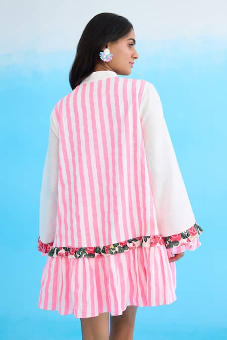 Shop Nikasha White Cotton, Linen Sequins, Embroidery Mandarin Collar Candy Striped Mini Dress at Aza Fashions Shop_Nikasha_White Cotton, Linen Sequins, Embroidery Mandarin Collar Candy Striped Mini Dress _at_Aza_Fashions
