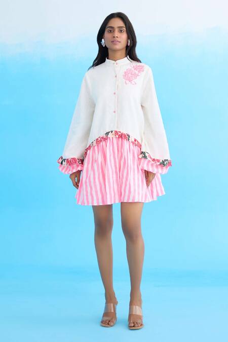 Nikasha White Cotton, Linen Sequins, Embroidery Mandarin Collar Candy Striped Mini Dress Online at Aza Fashions Nikasha_White Cotton, Linen Sequins, Embroidery Mandarin Collar Candy Striped Mini Dress _Online_at_Aza_Fashions