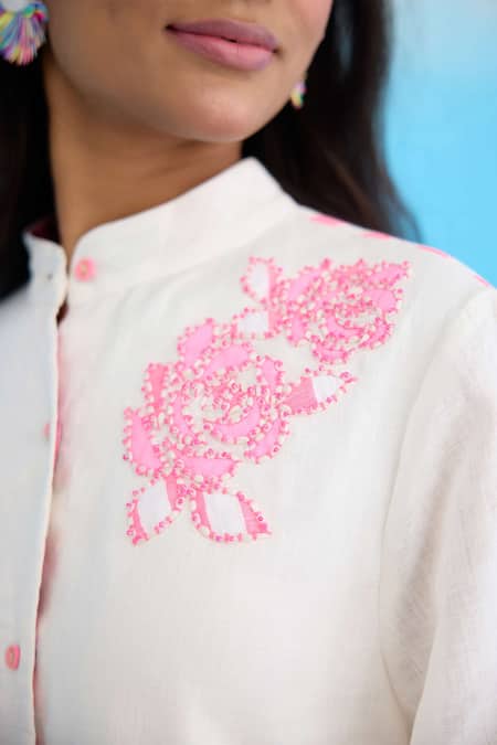 Buy Nikasha White Cotton, Linen Sequins, Embroidery Mandarin Collar Candy Striped Mini Dress Online at Aza Fashions Buy_Nikasha_White Cotton, Linen Sequins, Embroidery Mandarin Collar Candy Striped Mini Dress _Online_at_Aza_Fashions