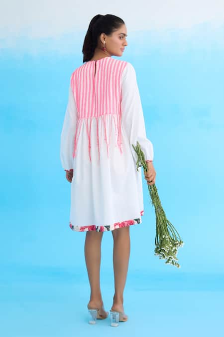 Shop Nikasha White Cotton Tassels Round Neck Candy Striped Pintuck Shift Dress at Aza Fashions Shop_Nikasha_White Cotton Tassels Round Neck Candy Striped Pintuck Shift Dress _at_Aza_Fashions