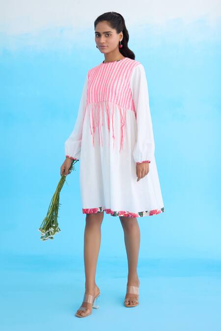 Nikasha White Cotton Tassels Round Neck Candy Striped Pintuck Shift Dress Online at Aza Fashions Nikasha_White Cotton Tassels Round Neck Candy Striped Pintuck Shift Dress _Online_at_Aza_Fashions