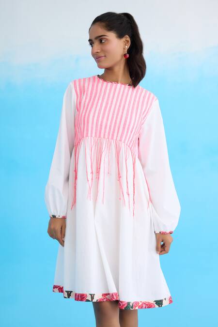 Buy Nikasha White Cotton Tassels Round Neck Candy Striped Pintuck Shift Dress Online at Aza Fashions Buy_Nikasha_White Cotton Tassels Round Neck Candy Striped Pintuck Shift Dress _Online_at_Aza_Fashions