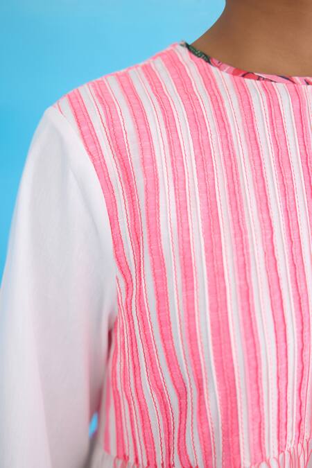 Shop Nikasha White Cotton Tassels Round Neck Candy Striped Pintuck Shift Dress Online at Aza Fashions Shop_Nikasha_White Cotton Tassels Round Neck Candy Striped Pintuck Shift Dress _Online_at_Aza_Fashions