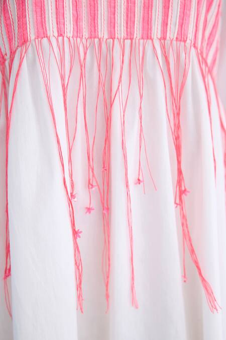 Nikasha White Cotton Tassels Round Neck Candy Striped Pintuck Shift Dress at Aza Fashions Nikasha_White Cotton Tassels Round Neck Candy Striped Pintuck Shift Dress _at_Aza_Fashions