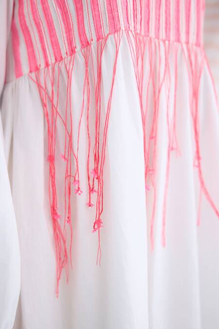 Shop Nikasha White Cotton Tassels Round Neck Candy Striped Pintuck Shift Dress Shop_Nikasha_White Cotton Tassels Round Neck Candy Striped Pintuck Shift Dress