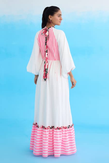 Shop Nikasha White Cotton, Rayon Embroidery Bandeau Neck Candy Striped Maxi Dress at Aza Fashions Shop_Nikasha_White Cotton, Rayon Embroidery Bandeau Neck Candy Striped Maxi Dress _at_Aza_Fashions
