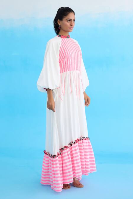 Nikasha White Cotton, Rayon Embroidery Bandeau Neck Candy Striped Maxi Dress Online at Aza Fashions Nikasha_White Cotton, Rayon Embroidery Bandeau Neck Candy Striped Maxi Dress _Online_at_Aza_Fashions
