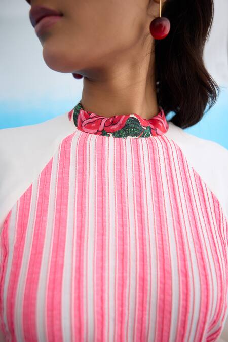 Shop Nikasha White Cotton, Rayon Embroidery Bandeau Neck Candy Striped Maxi Dress Online at Aza Fashions Shop_Nikasha_White Cotton, Rayon Embroidery Bandeau Neck Candy Striped Maxi Dress _Online_at_Aza_Fashions