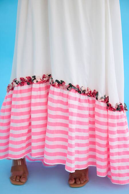 Nikasha White Cotton, Rayon Embroidery Bandeau Neck Candy Striped Maxi Dress at Aza Fashions Nikasha_White Cotton, Rayon Embroidery Bandeau Neck Candy Striped Maxi Dress _at_Aza_Fashions