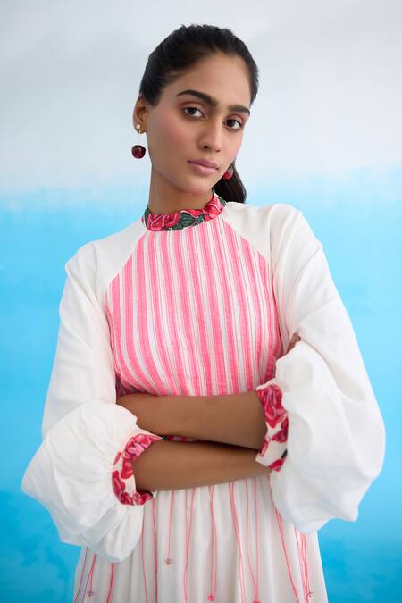 Buy Nikasha White Cotton, Rayon Embroidery Bandeau Neck Candy Striped Maxi Dress Buy_Nikasha_White Cotton, Rayon Embroidery Bandeau Neck Candy Striped Maxi Dress