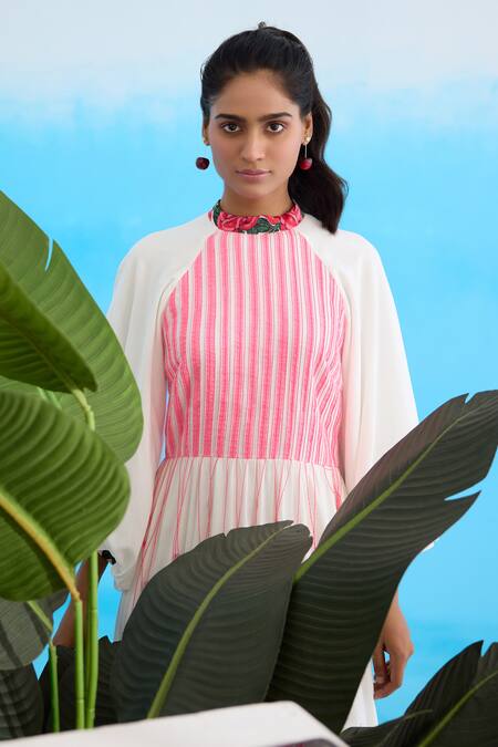 Shop Nikasha White Cotton, Rayon Embroidery Bandeau Neck Candy Striped Maxi Dress Shop_Nikasha_White Cotton, Rayon Embroidery Bandeau Neck Candy Striped Maxi Dress