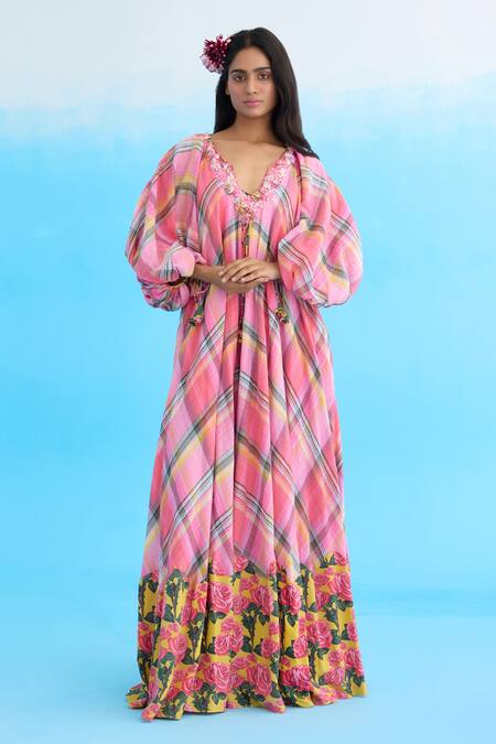 Buy Pink Cotton Printed Ribbon V Neck Madras Checkered Maxi Dress For Women By Nikasha