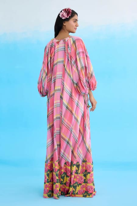 Shop_Nikasha_Pink Cotton Ribbons, Embroidery V-neck Madras Checkered Maxi Dress _at_Aza_Fashions