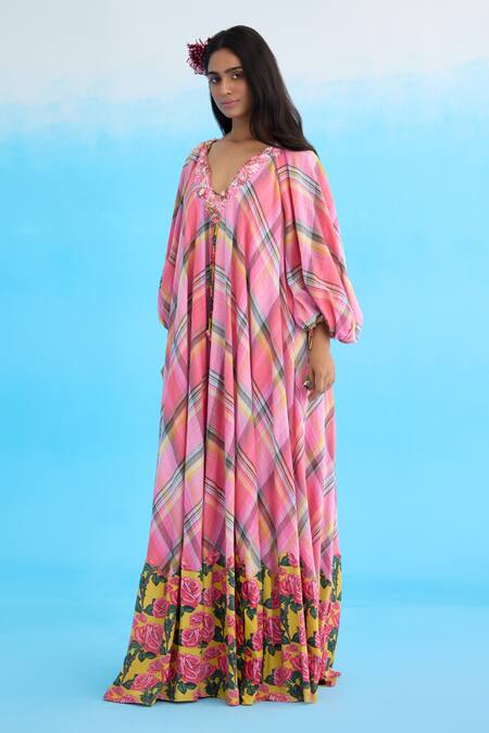 Nikasha_Pink Cotton Ribbons, Embroidery V-neck Madras Checkered Maxi Dress _Online_at_Aza_Fashions