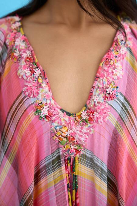 Buy_Nikasha_Pink Cotton Ribbons, Embroidery V-neck Madras Checkered Maxi Dress _Online_at_Aza_Fashions