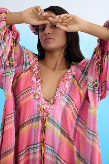 Shop_Nikasha_Pink Cotton Ribbons, Embroidery V-neck Madras Checkered Maxi Dress _Online_at_Aza_Fashions