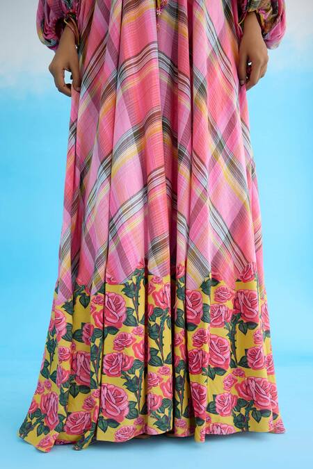 Nikasha_Pink Cotton Ribbons, Embroidery V-neck Madras Checkered Maxi Dress _at_Aza_Fashions