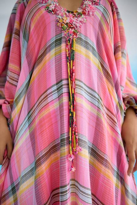 Buy_Nikasha_Pink Cotton Ribbons, Embroidery V-neck Madras Checkered Maxi Dress 
