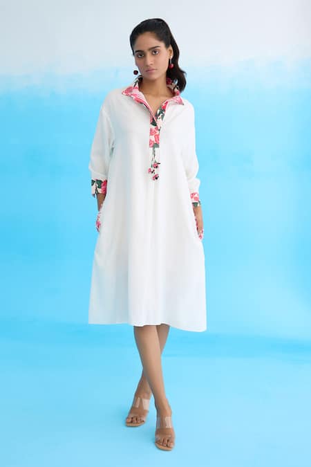 Buy White Cotton Rayon Blend Printed Ribbon Collar Rose Placket Dress ...