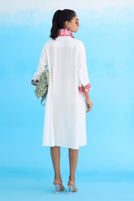Shop Nikasha White Cotton, Rayon Embroidery Collared Rose Print Placket Dress at Aza Fashions Shop_Nikasha_White Cotton, Rayon Embroidery Collared Rose Print Placket Dress _at_Aza_Fashions