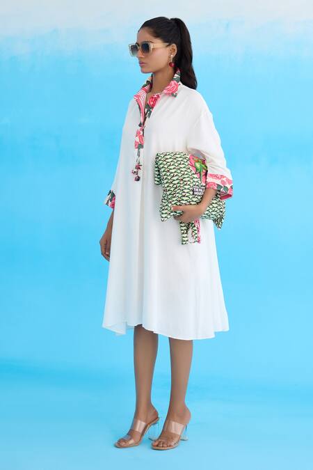 Nikasha White Cotton, Rayon Embroidery Collared Rose Print Placket Dress Online at Aza Fashions Nikasha_White Cotton, Rayon Embroidery Collared Rose Print Placket Dress _Online_at_Aza_Fashions