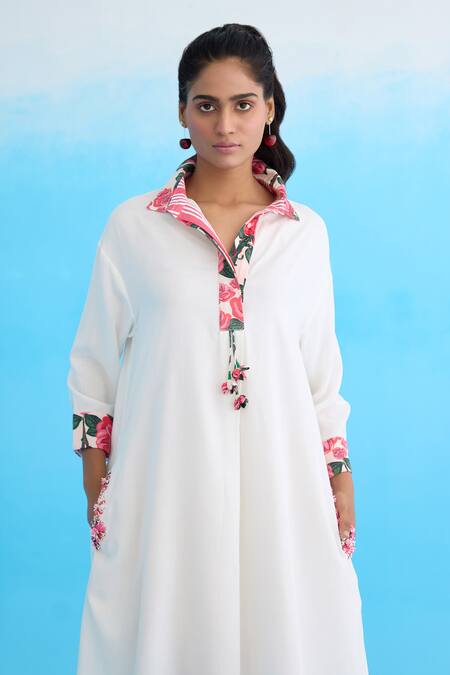 Buy Nikasha White Cotton, Rayon Embroidery Collared Rose Print Placket Dress Online at Aza Fashions Buy_Nikasha_White Cotton, Rayon Embroidery Collared Rose Print Placket Dress _Online_at_Aza_Fashions