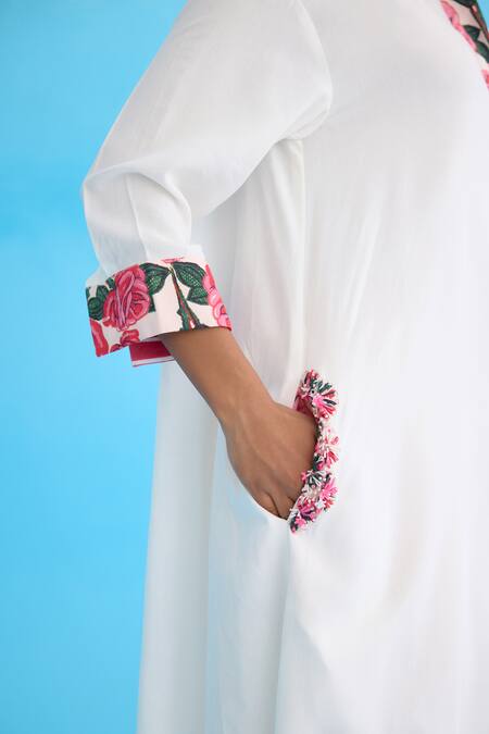 Shop Nikasha White Cotton, Rayon Embroidery Collared Rose Print Placket Dress Online at Aza Fashions Shop_Nikasha_White Cotton, Rayon Embroidery Collared Rose Print Placket Dress _Online_at_Aza_Fashions