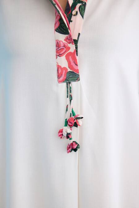 Nikasha White Cotton, Rayon Embroidery Collared Rose Print Placket Dress at Aza Fashions Nikasha_White Cotton, Rayon Embroidery Collared Rose Print Placket Dress _at_Aza_Fashions